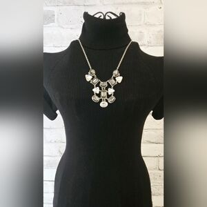 Silver Tone Crystal Statement Necklace Geometric Bib Style